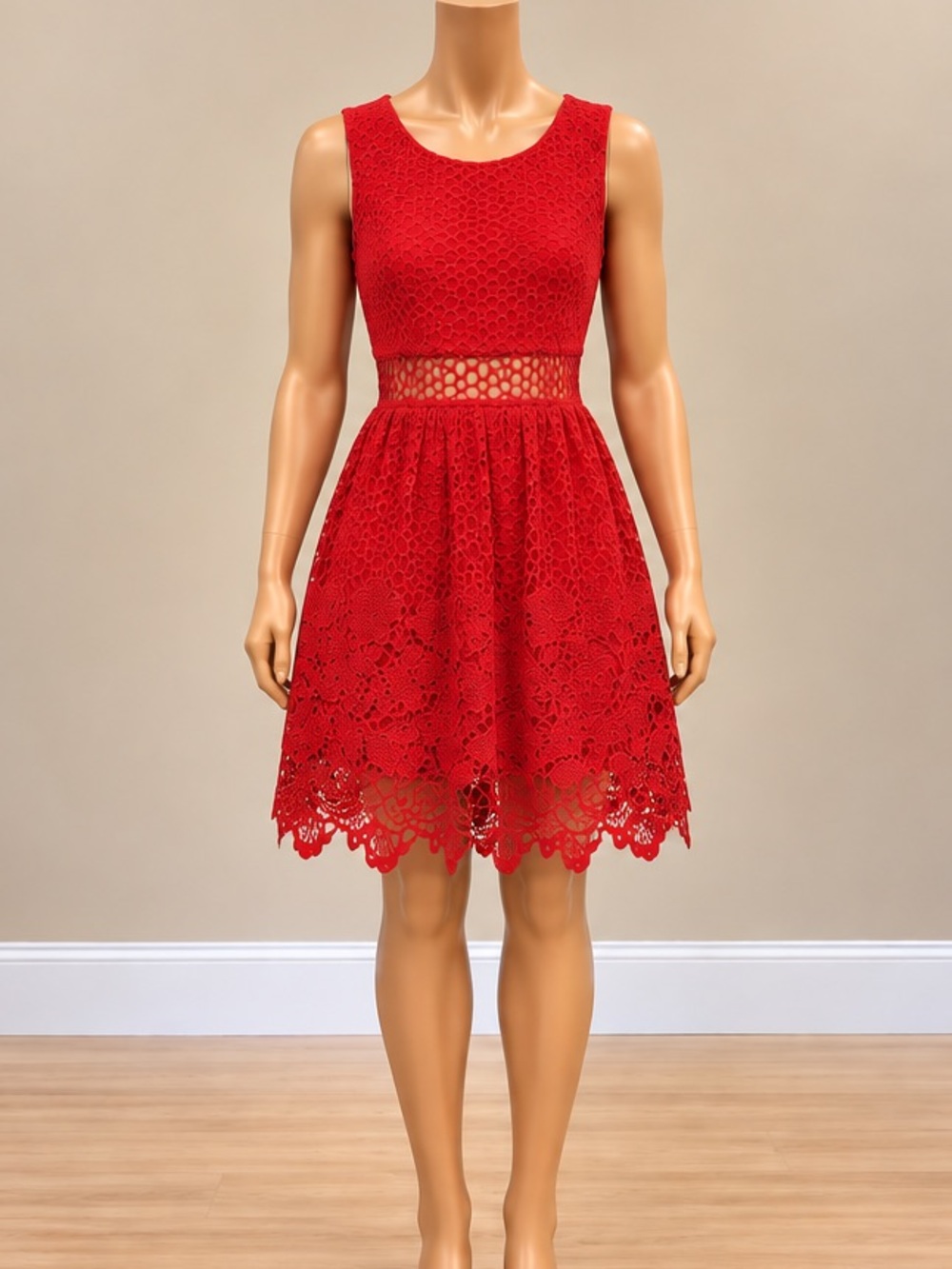 BCBGMaxAzria Red Crochet Lace Cutout Waist A Line Mini Dress XS